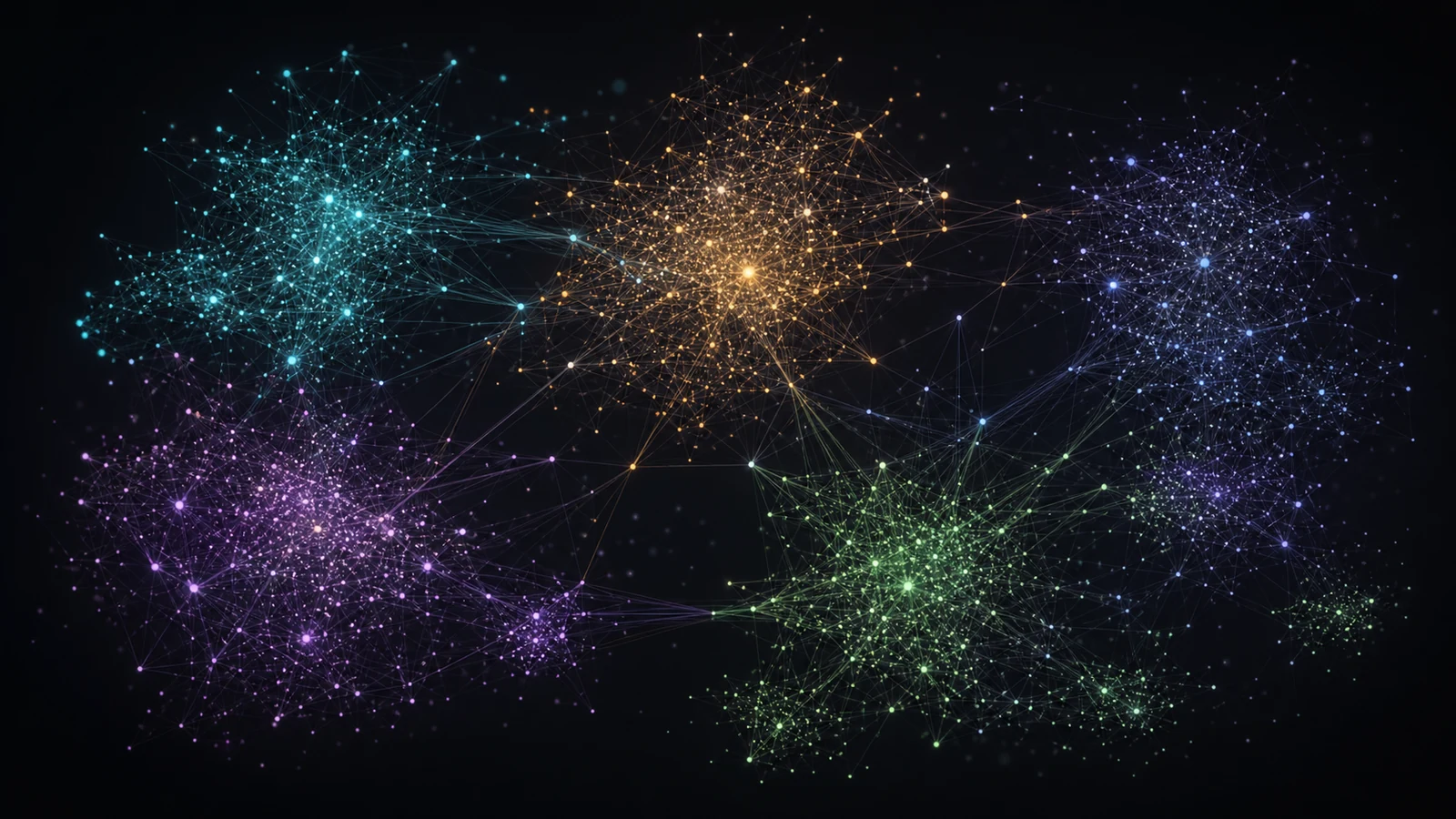 Obsidian graph view showing hundreds of note nodes connected by lines, forming dense clusters around different topics with sparse bridges between clusters