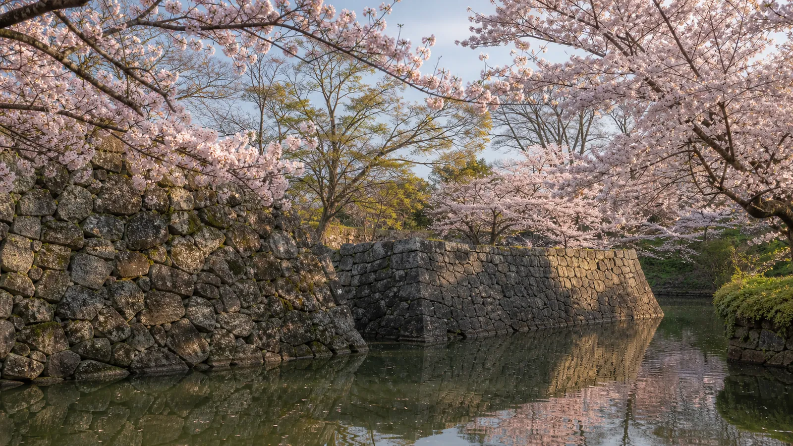 Stone walls and cherry trees of Yamato-Kōriyama Castle ruins, the late Sengoku-period castle from which Toyotomi Hidenaga governed Yamato Province