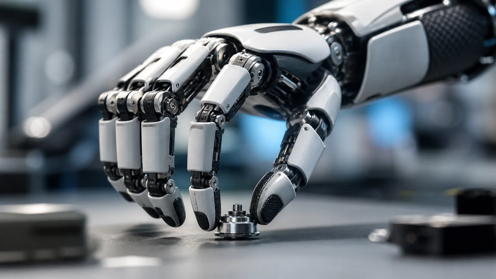 Genesis AI 的人手大小五指灵巧机械手特写，正在操作小物件