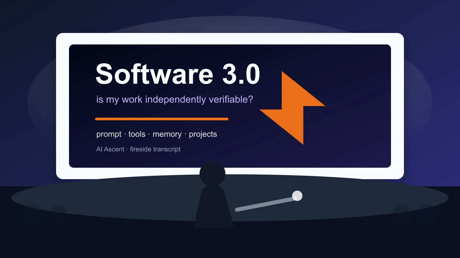 Andrej Karpathy 在 Sequoia AI Ascent 炉边谈话舞台上演讲，标着 Software 3.0 字样