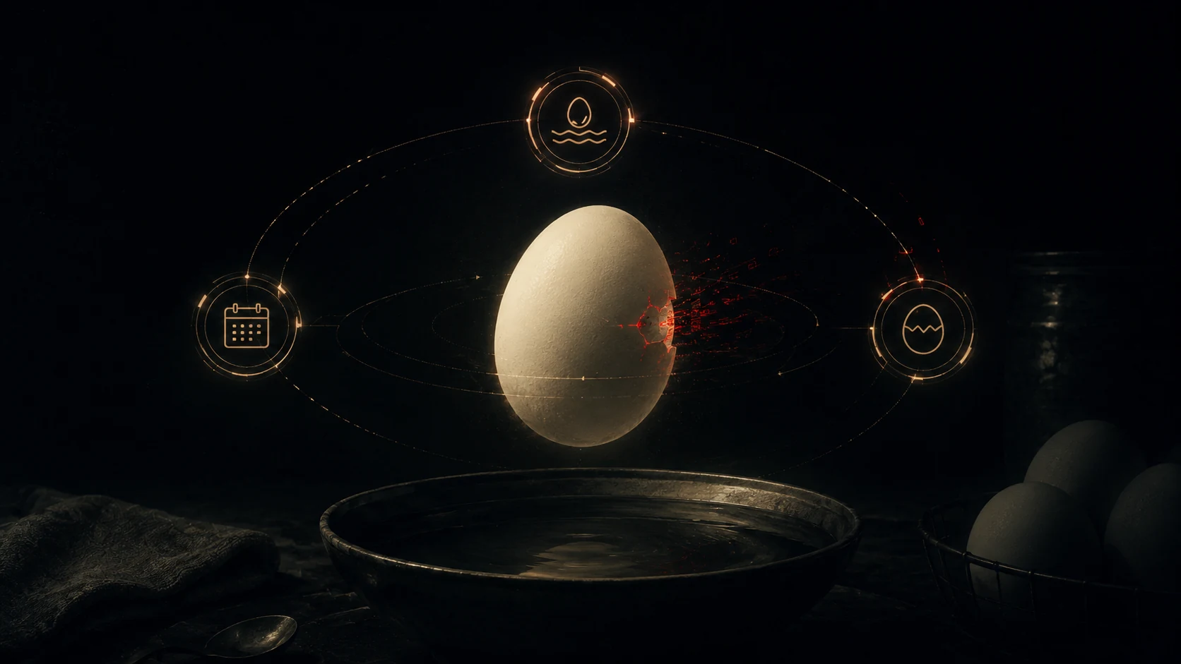 Kitchen scene with an egg, water bowl, and date-checking steps representing a three-second daily audit